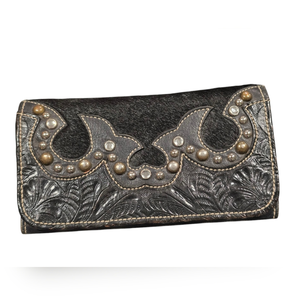 America West Black Leather Studded Women's Clutch Wallet